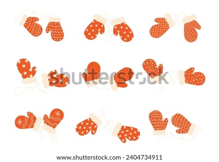 Set of red Christmas mittens with ornament and rope. Traditional winter clothes, knit mittens for cold season. Isolated. Vector illustration