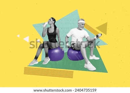 Artwork collage picture of two black white colors people sit fitball drink fresh water lift dumbbell isolated on yellow background