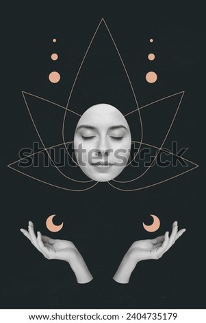 Vertical collage picture of black white colors girl arms face closed eyes painted lotus flower meditate isolated on dark background