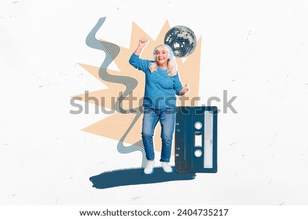 Horizontal creative picture template collage of pensioner lady feel young listen pop swag music use wireless modern headset party dance disco on drawing background