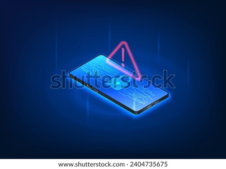 Smartphone technology that has a cyber protection system to prevent data from being stolen and damaged. Mobile screen lock with alert symbol is being hacked. Vector illustration