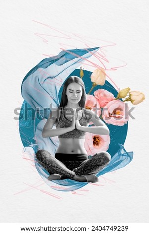 Composite collage picture image of sportswoman flower blossom training meditate yoga lotus pose billboard comics zine minimal