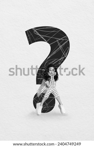 Creative drawing collage picture of young female sit question mark education faq concept black white billboard comics zine minimal