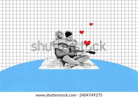 Collage artwork graphics picture of dreamy couple enjoying picnic singing songs isolated checkered blue colot background