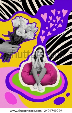 Vertical collage image of black white effect girl sit beanbag dream love arm hold flowers bouquet isolated on painted background