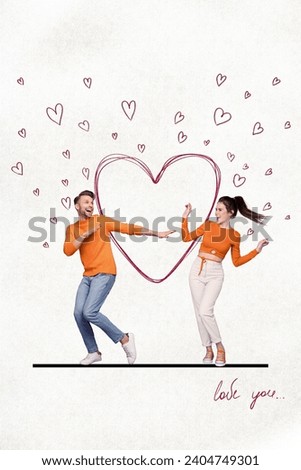 Vertical collage picture of two positive funky partners dancing partying drawing hearts love you isolated on white paper background