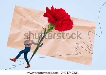 Image picture advert poster collage of happy excited old man spouse with red carnation flower gift for wife girlfriend on 8 march