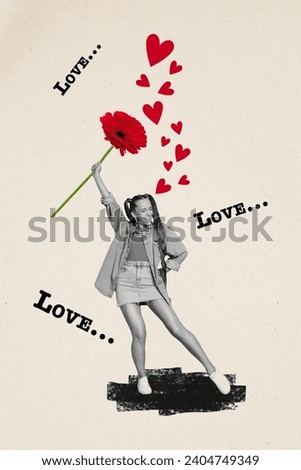 Vertical collage image of positive black white effect girl arm hold big flower dancing love painter hearts isolated on creative background