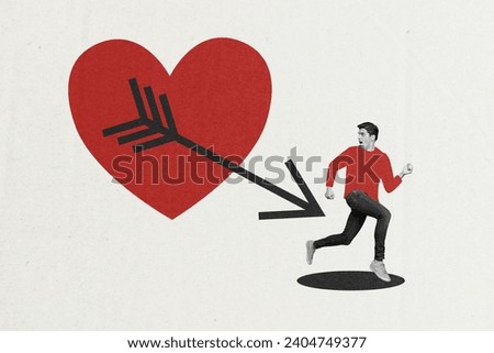 Photo collage artwork minimal picture of scared guy running away love amour isolated beige color background