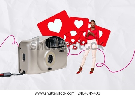 3d photo artwork collage of obsolete camera tacking photo charming lady enjoying 14 february isolated drawing background