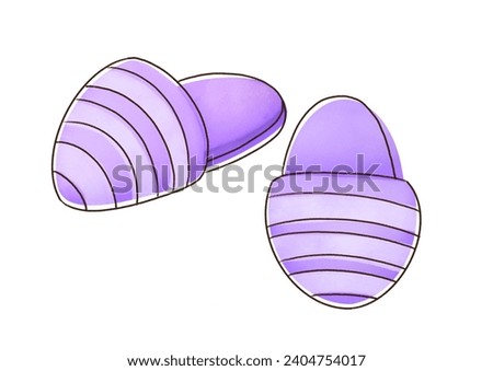 Pajama party. purple striped funny fluffy comfort slippers on white background. clip art cute slumber illustration watercolor style for kids. cutout comfortable delicate home bedtime shoes. Good night