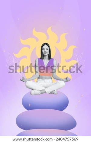 Picture vertical illustration collage of young peaceful lady meditate sitting high clouds behind sun symbol isolated on purple background