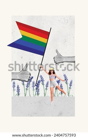 Creative drawing collage picture of funny girl hold flag lgbt love thumb up approve weird freak bizarre unusual fantasy billboard comics