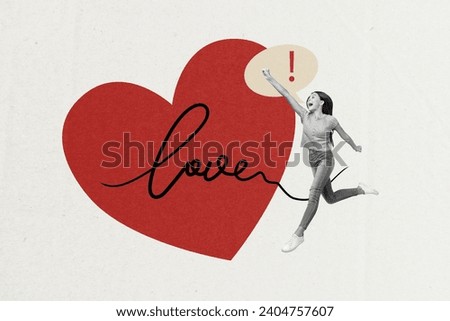 Creative 3d photo artwork graphics collage painting of smiling excited lady running looking for love isolated white color background