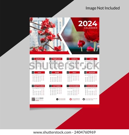 Vector Unique One Pager 2024 Calendar design with Red, Green, Orange color