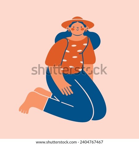 Young cute woman in red hat in sitting pose. Abstract cartoon person. Summer Adventures. Vector illustration with happy cheerful girl in flat style. For card, poster, banner, sticker.
