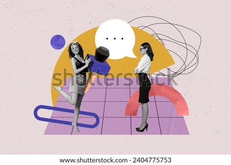 Composite collage picture image of funny girls interview communicate speech bubble press conference weird bizarre unusual fantasy billboard