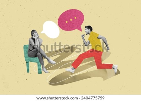 Collage picture of black white colors girl sit chair fantasize mind dialogue bubble excited guy running fast isolated on painted background