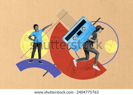 Collage picture of black white colors excited boy point finger courier girl carry big audio tape cassette run isolated on paper carton background