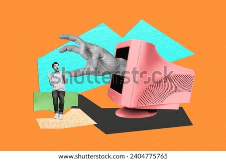 Photo concept contemporary design idea collage of young guy afraid touching computer scared by cyberbullying in monitor hands grabs him