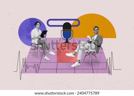 Collage artwork graphics picture of journalist tacking interview successful person isolated painting background