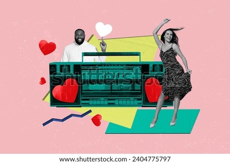 Photo collage funky happy dancer young guy lady have fun celebrate valentine party huge boombox festive event clubbing music player