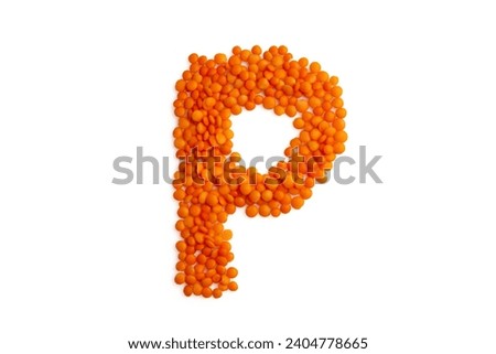 The capital letter 'P' formed from red lentil grains against a clean white backdrop. Perfect for a food blog and menu