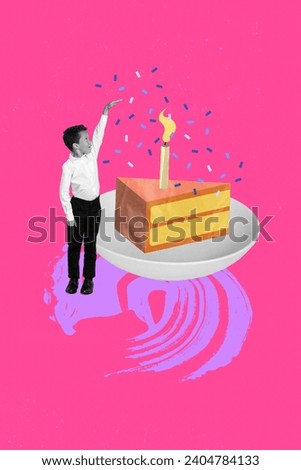 Vertical creative poster collage standing happy little kid celebrating birthday show height huge cupcake burning candle dessert