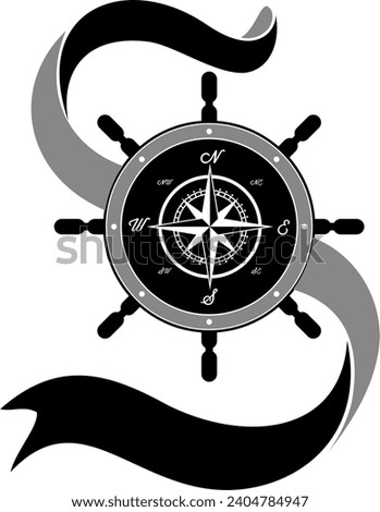 compass in ship's steering wheel vector for boat fishing company