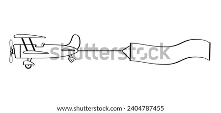 Cartoon childrens plane line pattern. Travel icon. Airplane or air plane with empty label banner, clip art. Take Off, flight route. Drawing comic, aircraft sign. Aeroplane symbol. Kids jet symbol