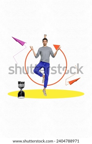 Vertical photo collage of guy standing in asana do yoga meditation calmness pause from work retreat isolated on white background