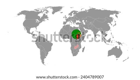 Pin map with Zambia flag on world map. Vector illustration.