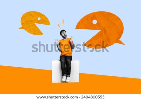 Creative collage poster sitting frustrated young guy online abuse cyberbullying rude communication critics gossips mental violation Royalty-Free Stock Photo #2404800555