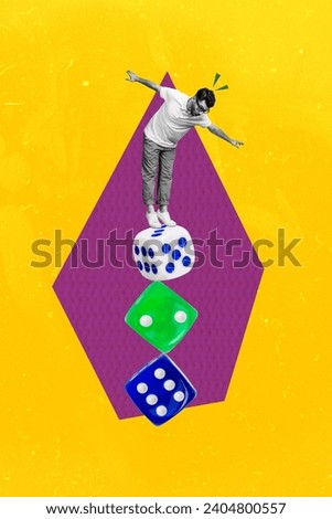 Collage picture sketch of funky risky man casino gamer balancing huge dices isolated on drawing background