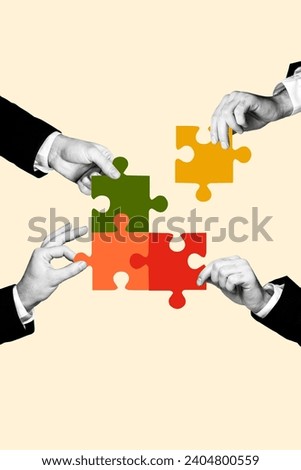 Vertical photo collage creative of four people coworkers have aim achieve solving work task connect all puzzle piece on beige background