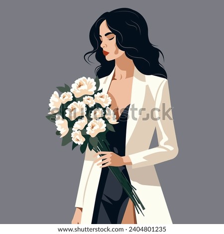 Vector flat illustration, young beautiful woman in fashionable modern clothes with a bouquet of peonies in her hand.
