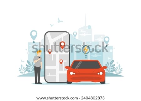 Electric car sharing service application, Smartphone screen with city map navigation, Smart city transportation and vehicle technology net zero emission, Environmental care and use clean green energy.