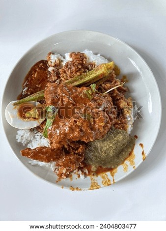 Top down picture of nasi kandar, a malaysian dish