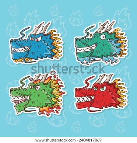 Set of cartoon dragon head Illustration sticker clip art isolated. Hand drawn dragon vector illustration. 100% hand drawn without using AI.