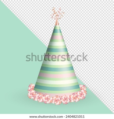 Three dimensional realistic striped birthday hat or party paper cap in cone shape with ribbons and pink bows on transparent background. Green pink party hat clip art for celebration event, anniversary