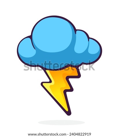 Cloud with lightning strike. Weather symbol. Vector illustration. Hand drawn cartoon clip art with outline. Isolated on white background