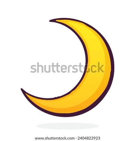 Golden crescent. Cartoon half moon. Vector illustration. Hand drawn cartoon clip art with outline. Isolated on white background