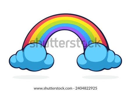 Rainbow with two clouds. Vector illustration. Hand drawn cartoon clip art with outline. Isolated on white background
