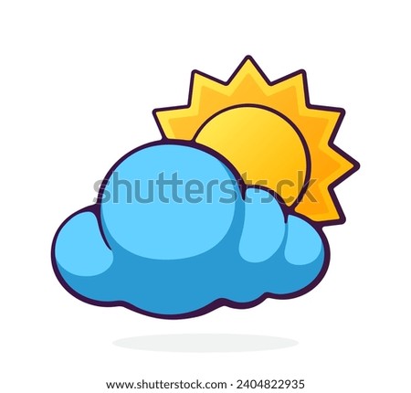 Sun with cloud. Weather symbol. Vector illustration. Hand drawn cartoon clip art with outline. Isolated on white background