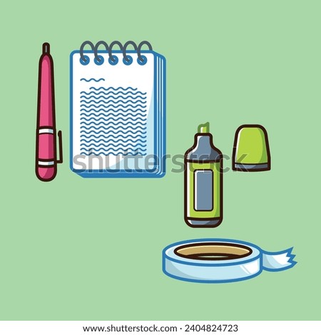 School Stationery Kit Vector Arts. Back to School stationery items for students simple icon design. Fun learning items for school in junior, elementary, and high school
