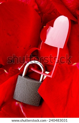 Two red hearts locked with metal padlock.Together forever concept shot.