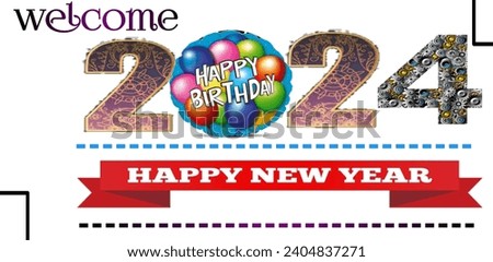 Happy new year 2024 and birthday design. white  banner image. Premium vector design for poster, banner, greeting and new year.2024 happy birthday 🎈🎂