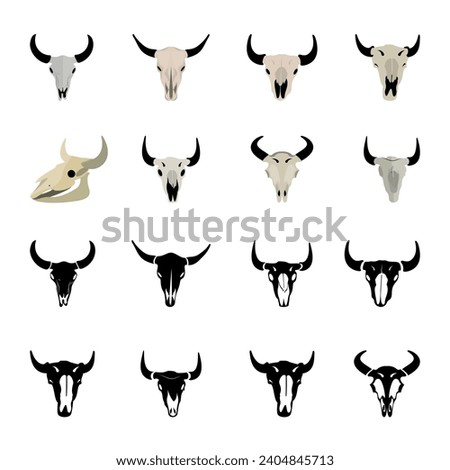 Bison Skull Vector Illustration Set With Isolated Clip Art White Background And Bison Skull Symbol, Head Bone Cow Bull, Art Silhouette, Sketch Drawing Element.
