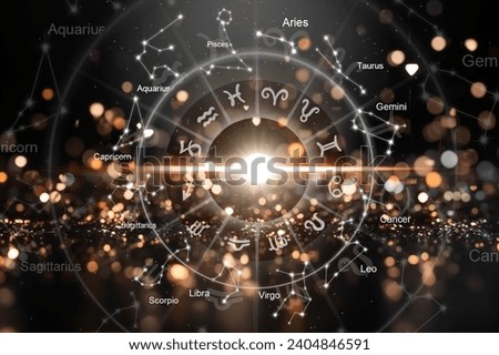 Zodiac signs in big  horoscope circle in bright background Royalty-Free Stock Photo #2404846591