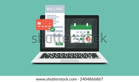Subscription Billing on Laptop, Automate Recurring Payments for Business Success, Flat Vector Illustration Design Royalty-Free Stock Photo #2404866867